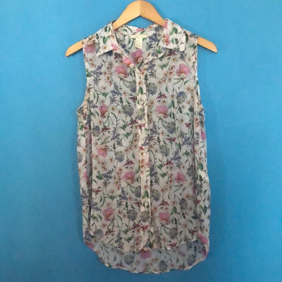 H&M Multicolor Floral Sheer Sleeveless Button Down Collared Shirt - Picture 2 of 4